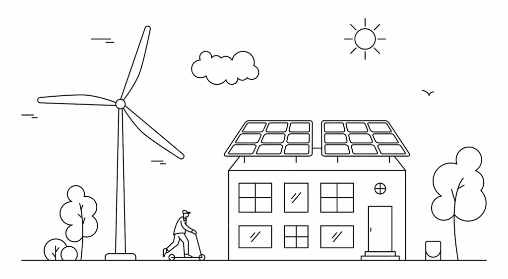 Line drawing of a house with rooftop panels beside a wind turbine