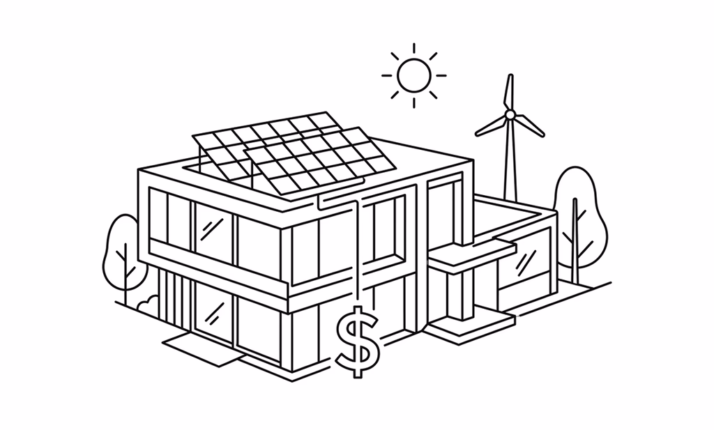 Line drawing of a solar-panelled building next to a dollar sign