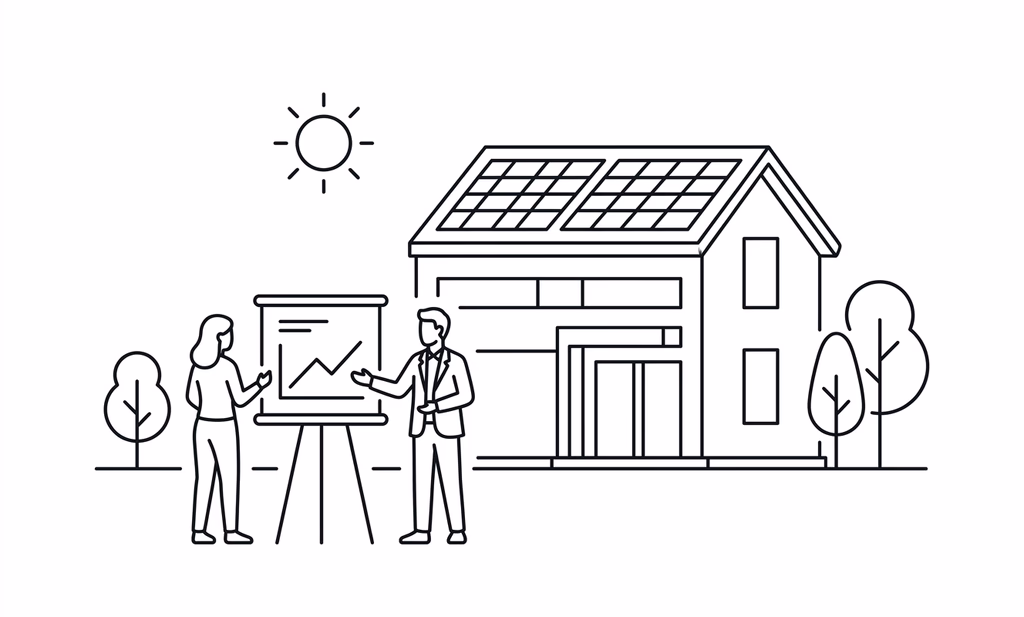 Line drawing of two people reviewing a performance chart by a solar home