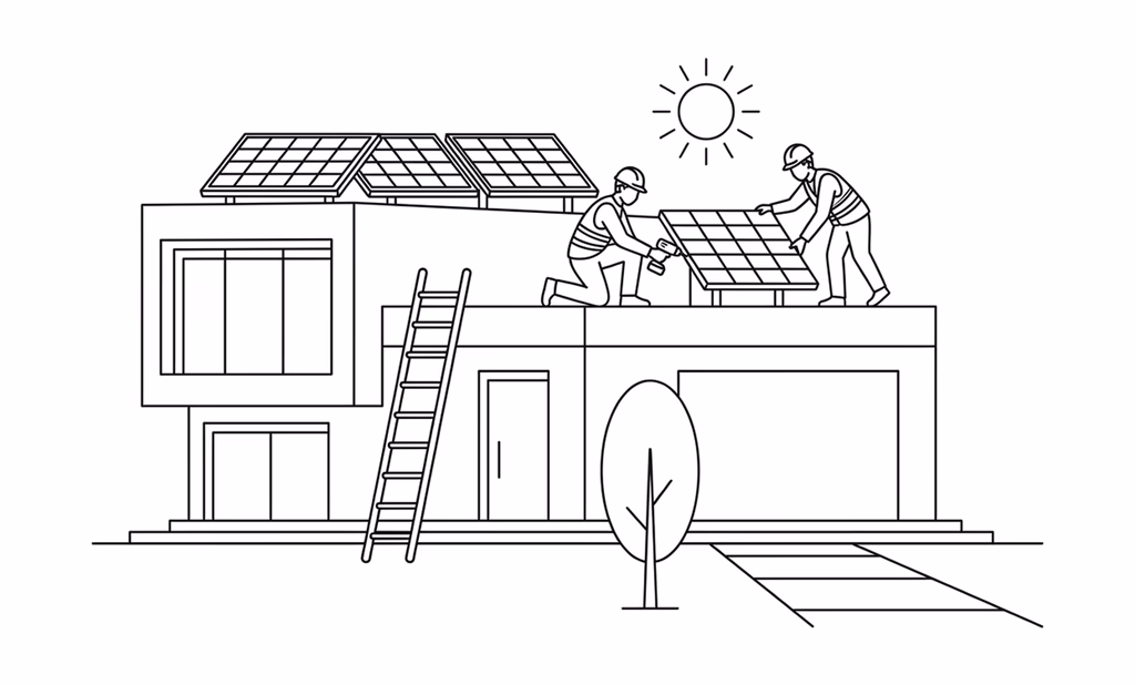 Line drawing of technicians fitting solar panels to a roof