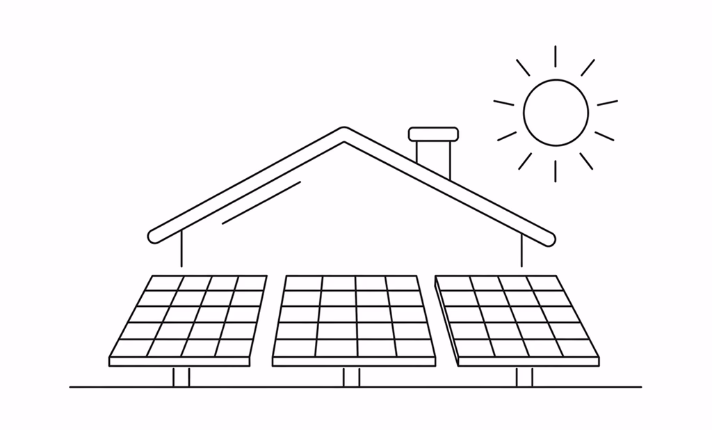 Line drawing of a house above a row of ground-mounted solar panels