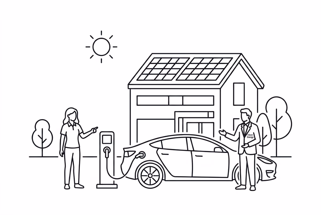 Line drawing of an electric car charging outside a solar-powered home